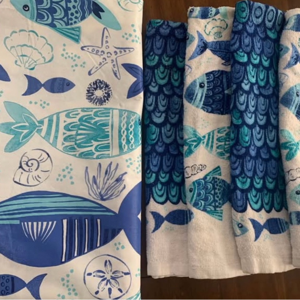 Blue and White Fish Pattern Towels